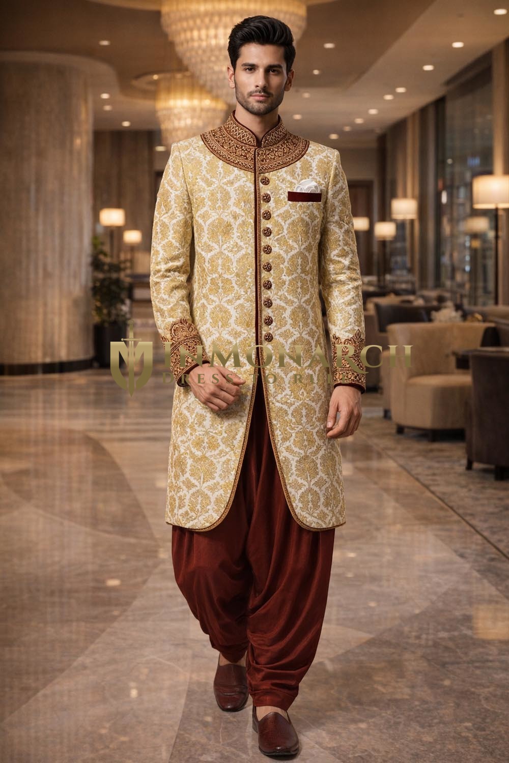 Traje indo occidental khakhi bordado elegante