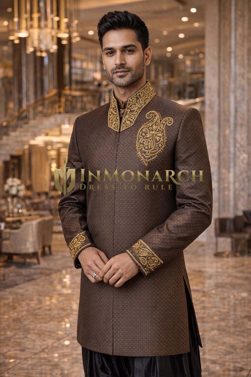 Mens Olive Brocade Sherwani 3 Pc Embroidered Wedding Royal Attire Wear