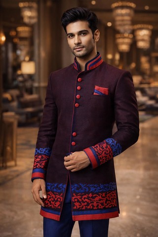 Traje indo occidental Jodhpuri rojo y azul