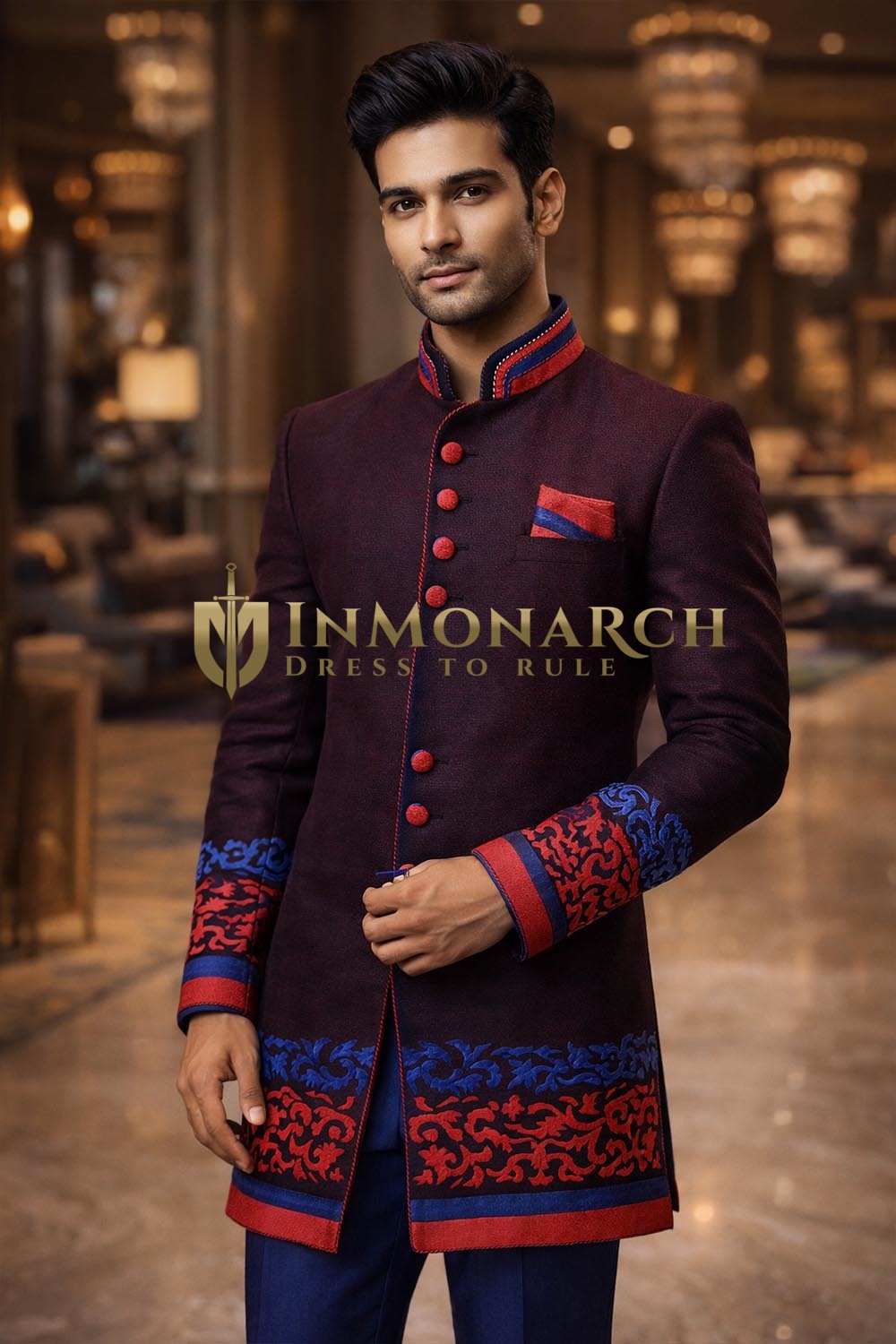 Mens Wine Jodhpuri Indo Western 3 Pc Red Blue Patch Wedding Attire Wear