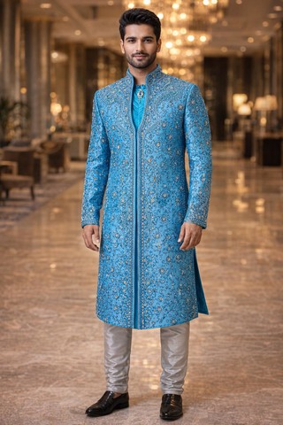 Traje indo occidental azul bordado completo
