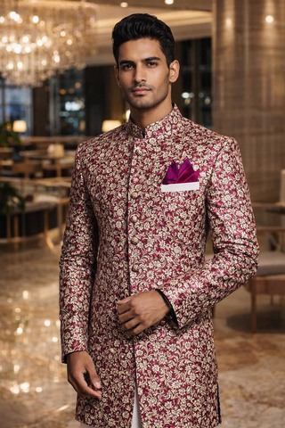 Costume angrakha crème à fleurs violettes