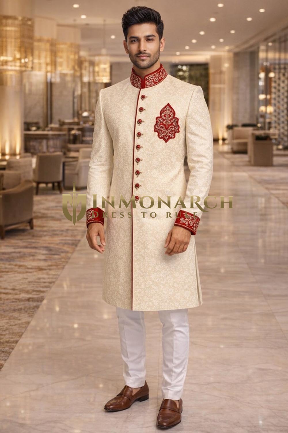 Mens Cream Brocade Indo Western with Red Velvet Embroidery Wedding Wear