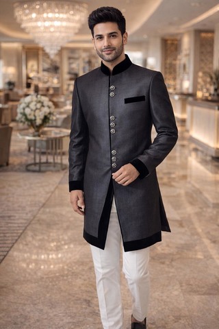 Indowestern gris à velours noir