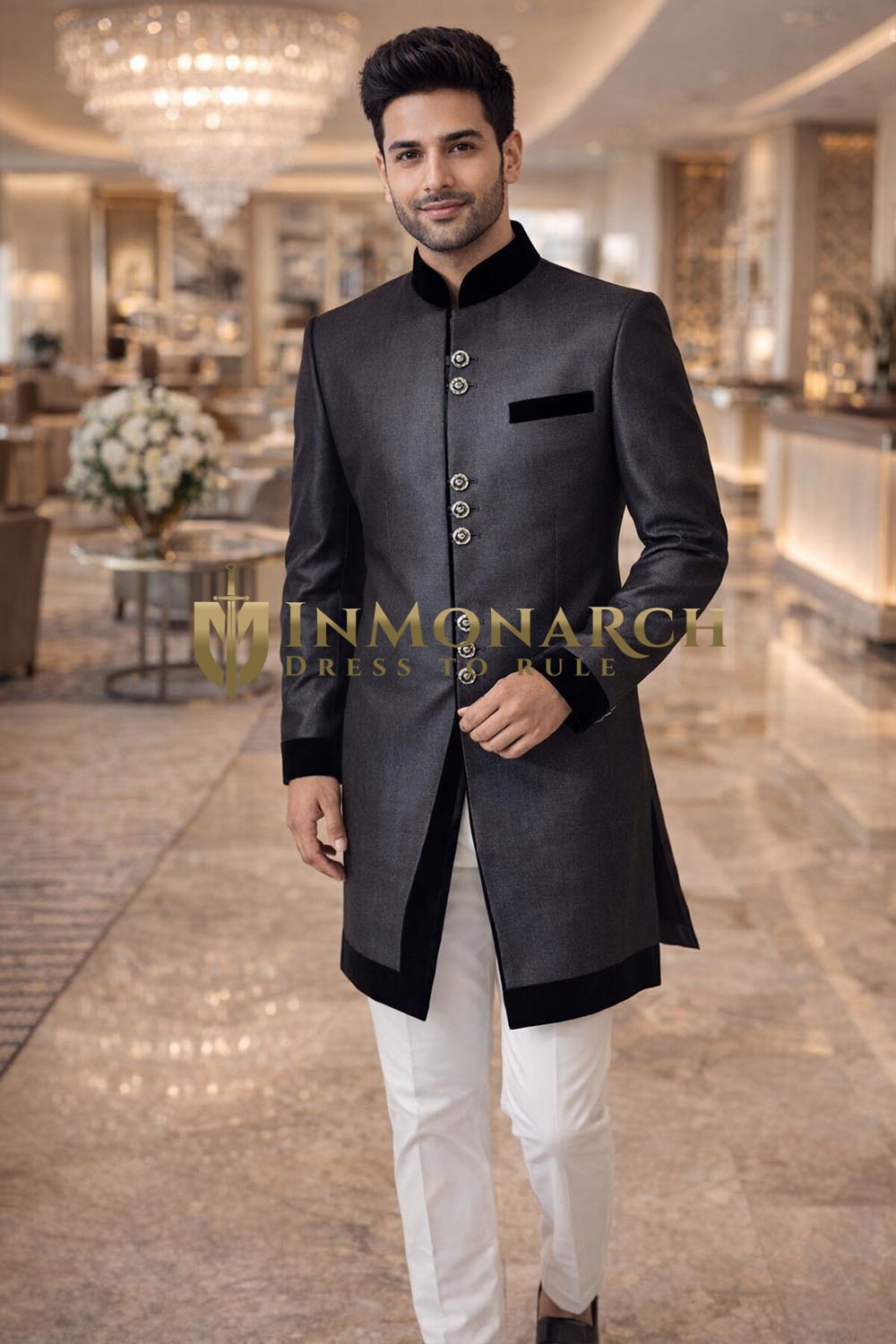 Indowestern gris à velours noir