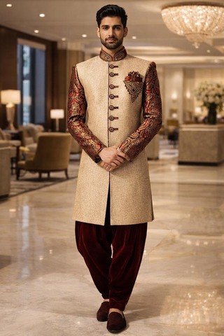 Traje indowestern boda beige bordado