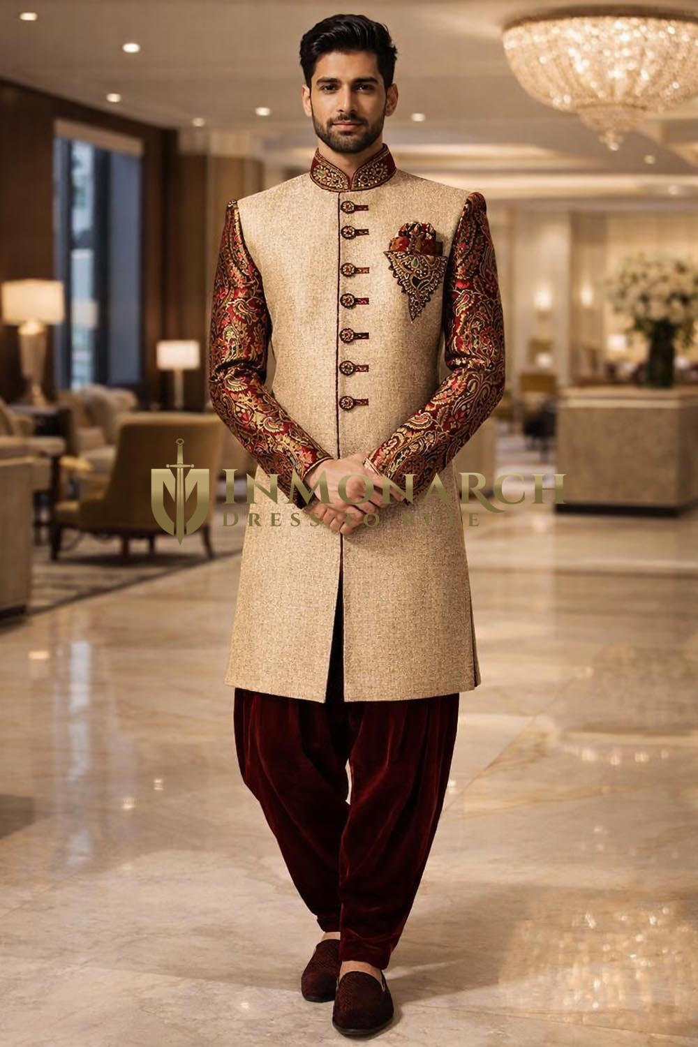 Mens Beige Jute Indo Western with Maroon Brocade & Velvet Salwar
