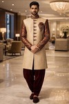 Mens Beige Jute Indo Western with Maroon Brocade & Velvet Salwar