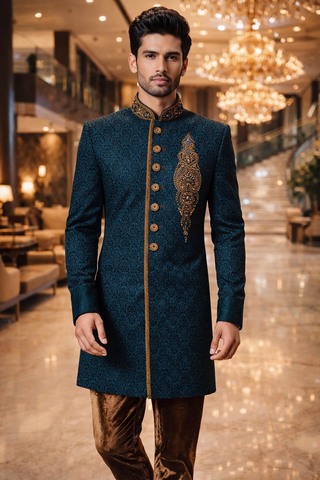Traje indo occidental bordado turquesa oro