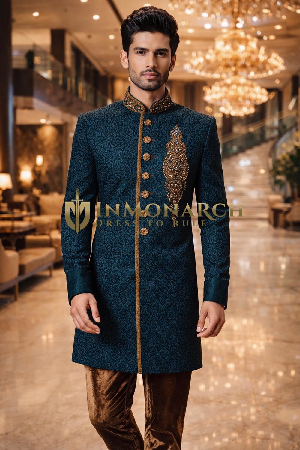 Mens Teal Brocade Indo Western with Golden Velvet Salwar