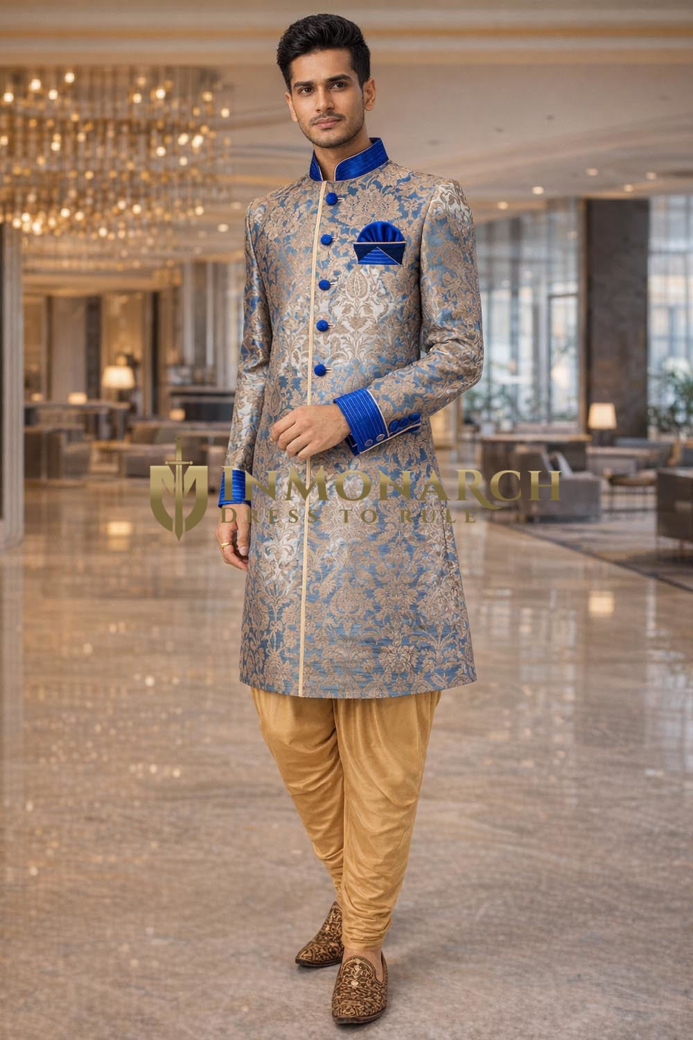 Sherwani indo occidental bleu ciel de fête