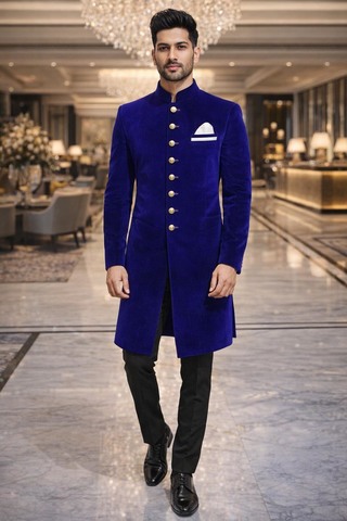 Traje étnico azul con botones dorados