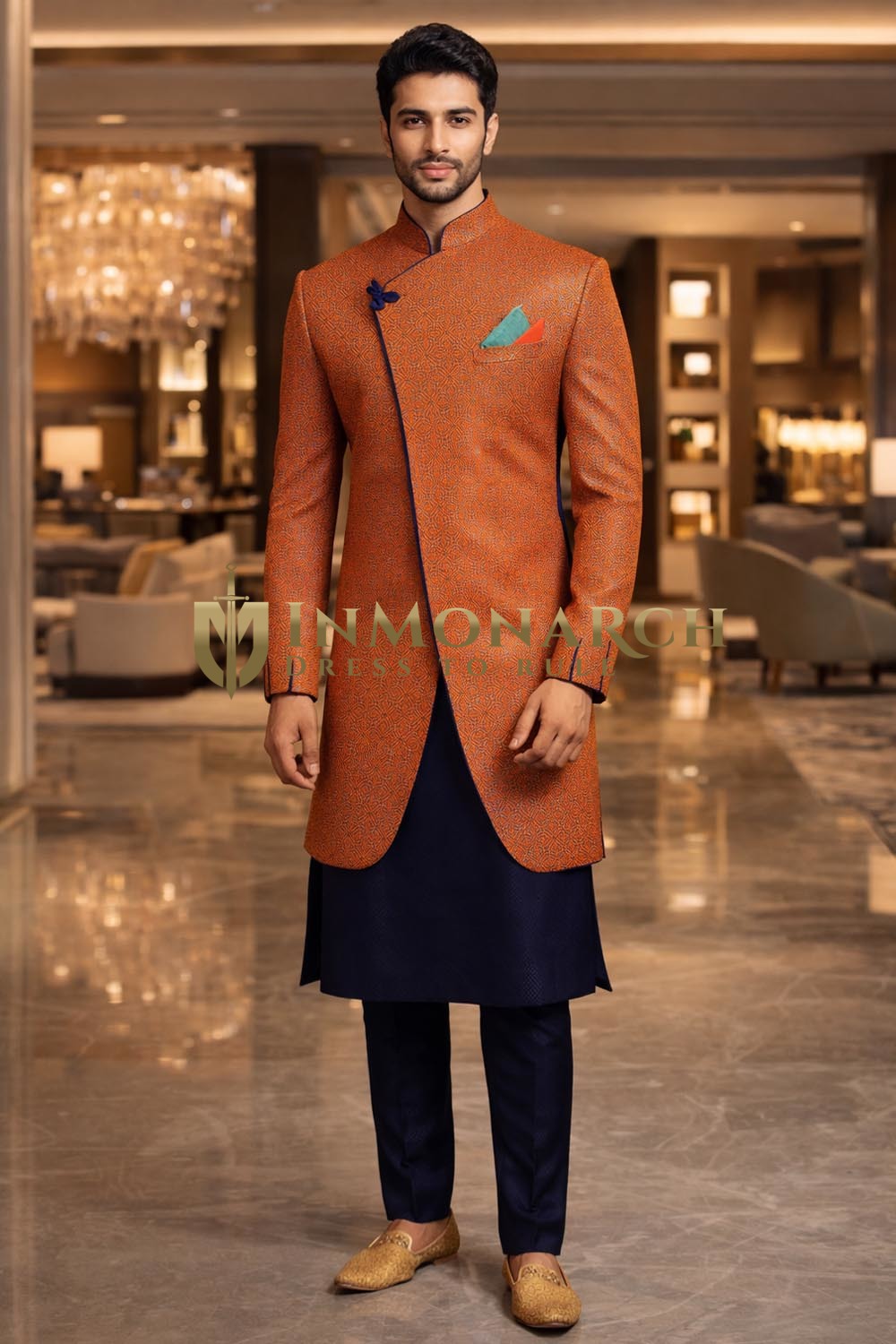 Angrakha-Stil Indowestern Anzug Orange