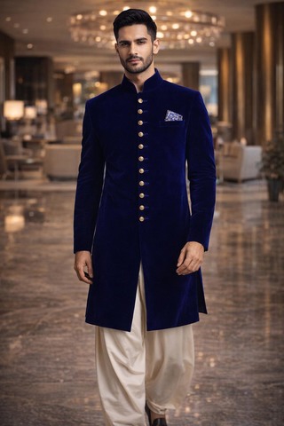 Mens Royal Blue Velvet Indo Western with Salwar 3 Pc Set