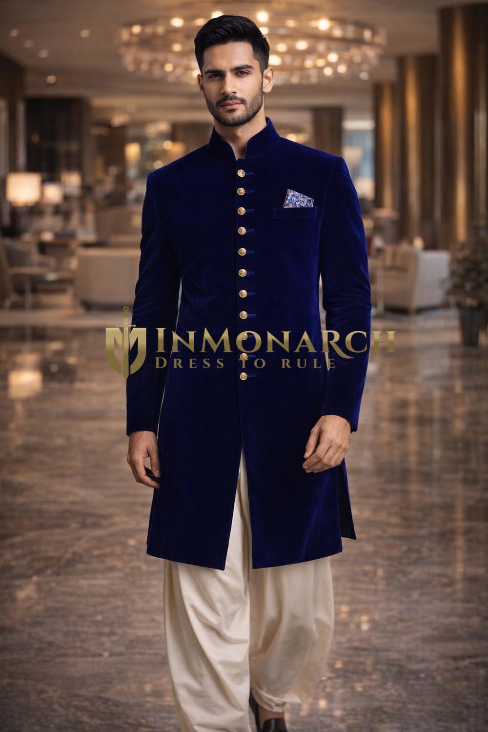 Mens Royal Blue Velvet Indo Western with Salwar 3 Pc Set