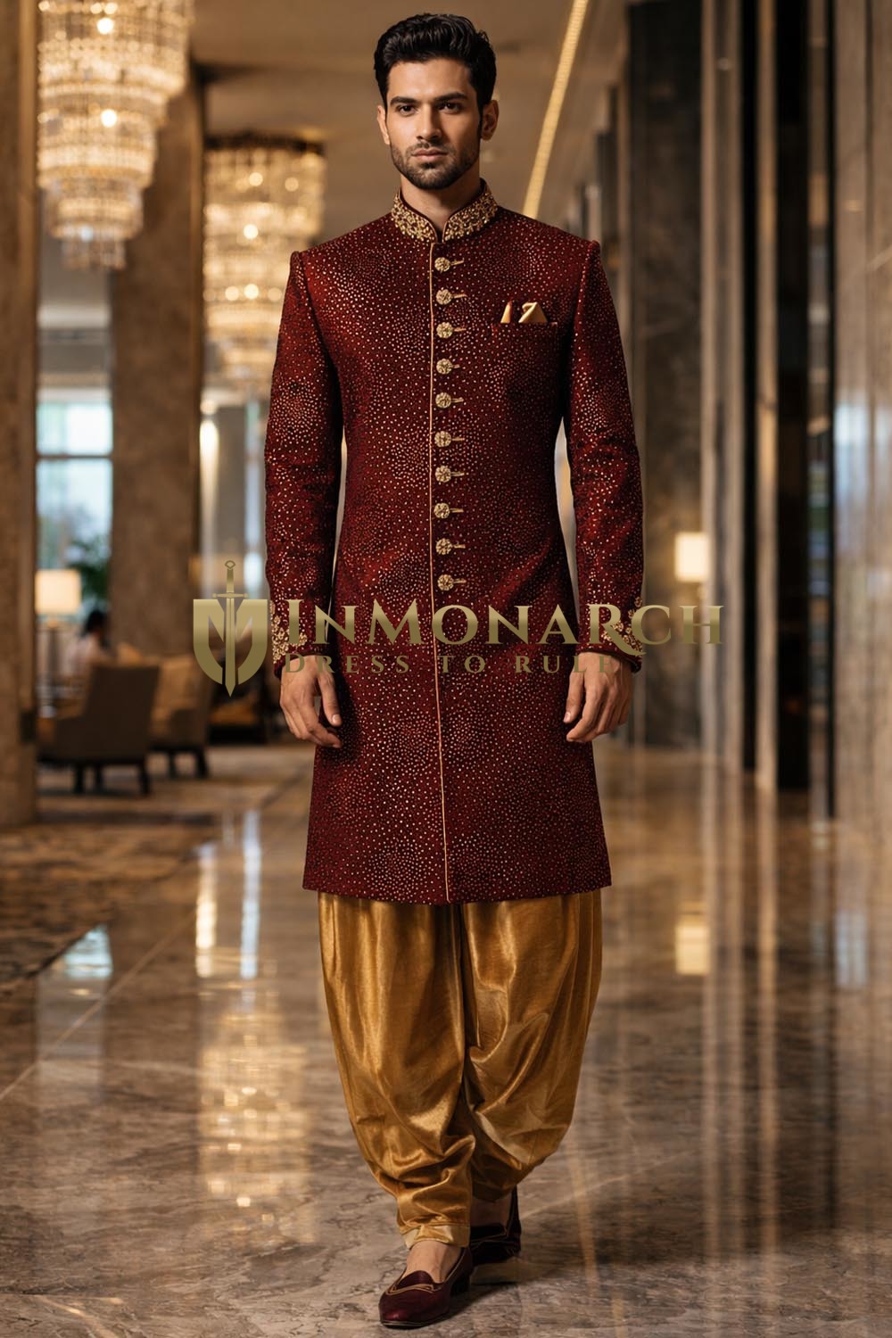 Mens Maroon Velvet Indo Western with Golden Peshawari Salwar