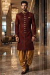 Mens Maroon Velvet Indo Western with Golden Peshawari Salwar