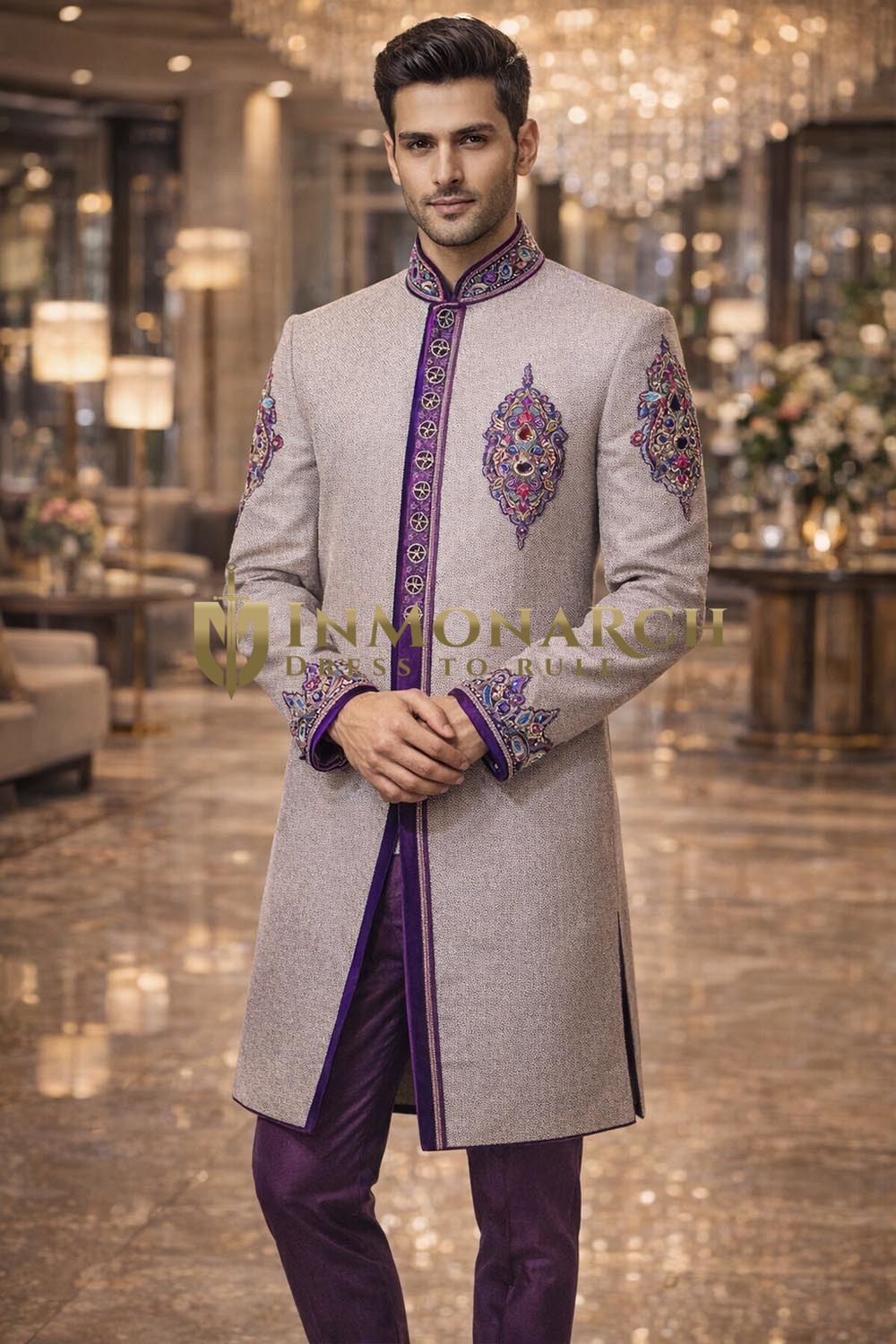 Mens Gainsboro Jute Indo Western with Purple Velvet Trim 2 Pc Set