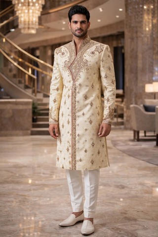 Traje angarakha beige bordado hombre