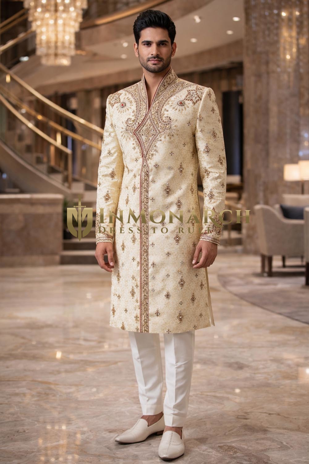 Beige Brocade Heavy Embroidered Angrakha Indo Western 2 Pc Suit
