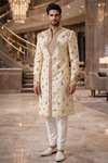 Beige Brocade Heavy Embroidered Angrakha Indo Western 2 Pc Suit