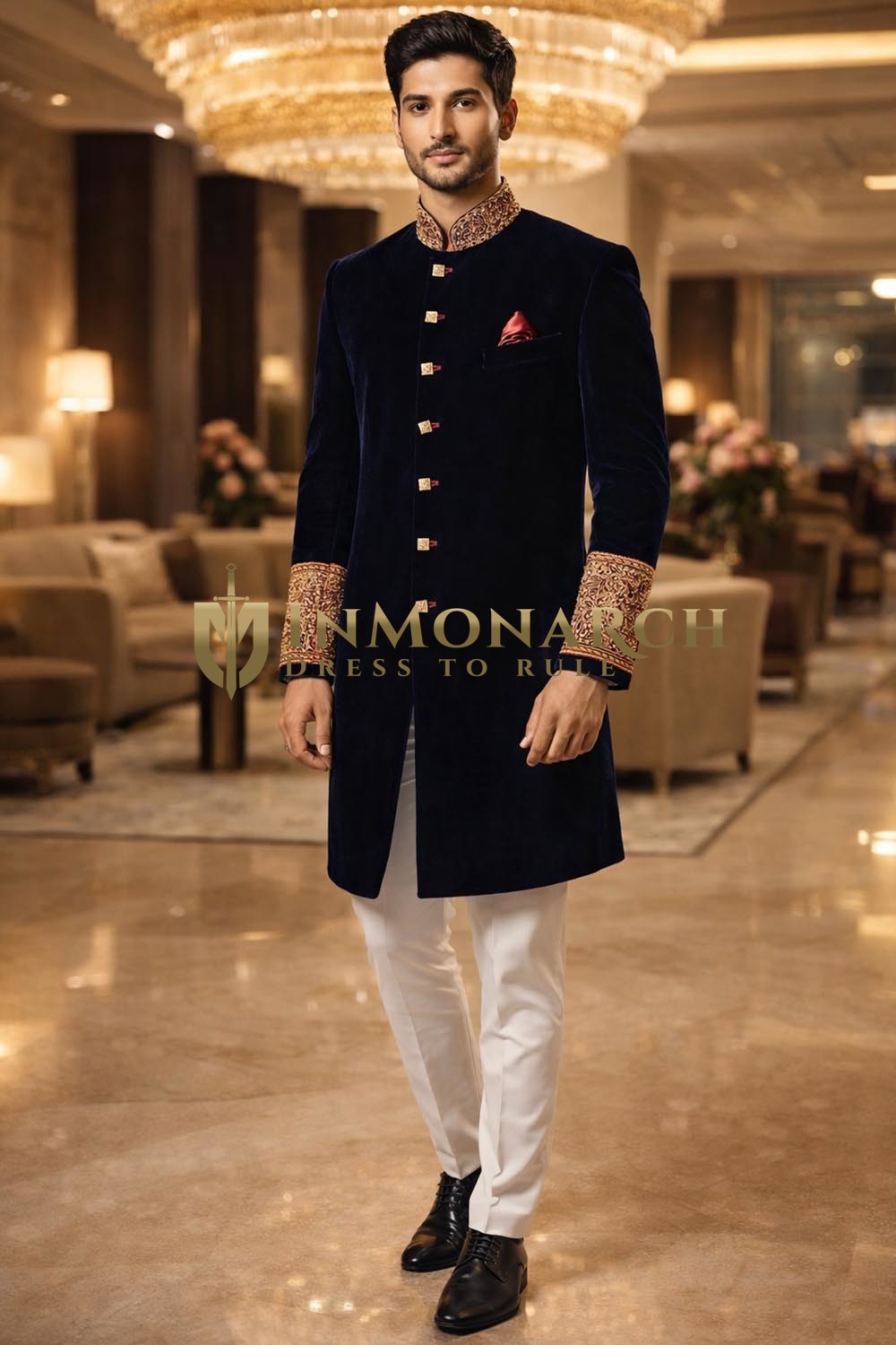 Sherwani azul marino bordado elegante
