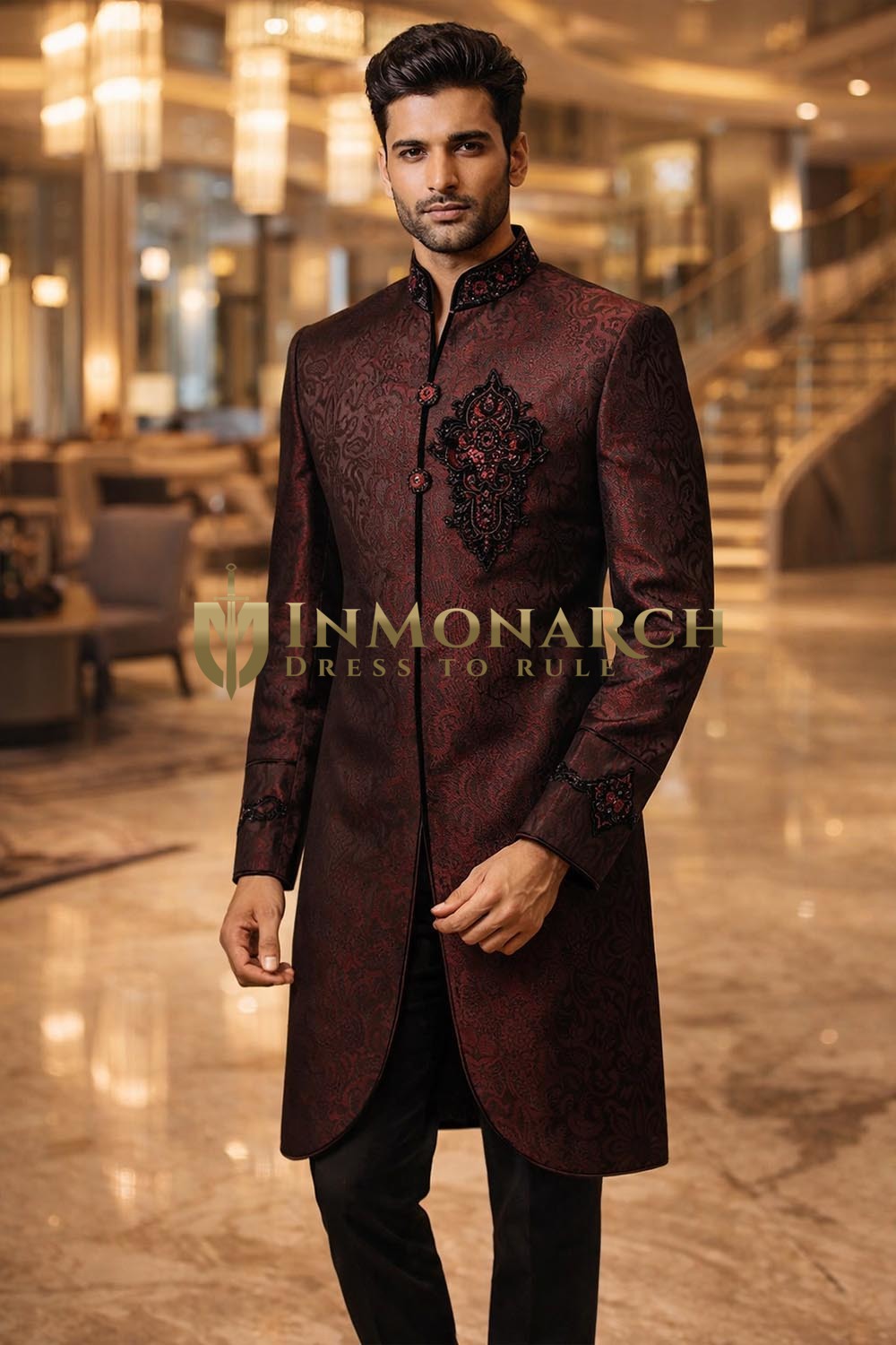 Mens Brown Brocade Indo Western 2 Pc Nehru Collar Wedding Outfit Suit