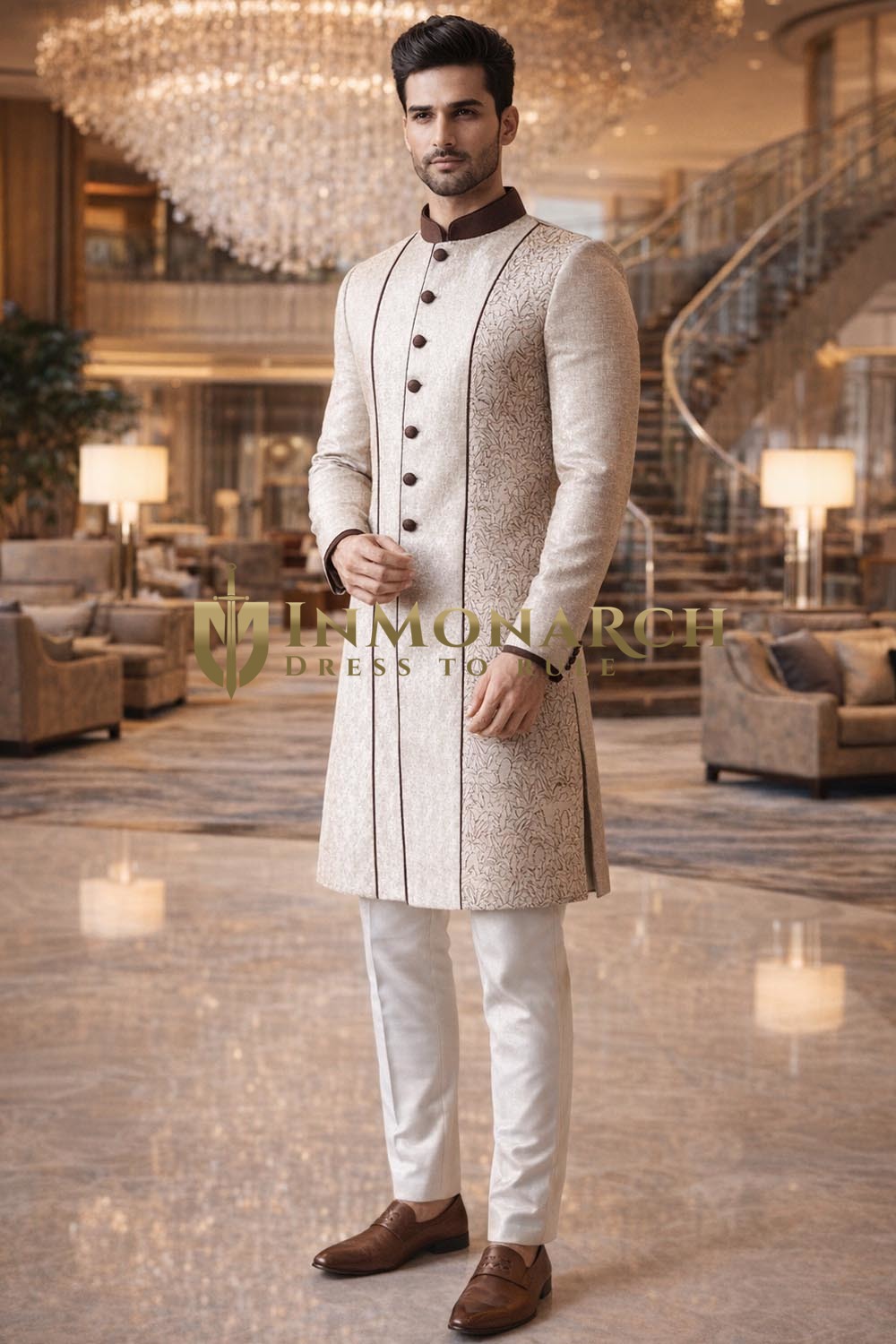 Mens Off White Brocade Indo Western 2 Pc Purple Piping Wedding Outfit