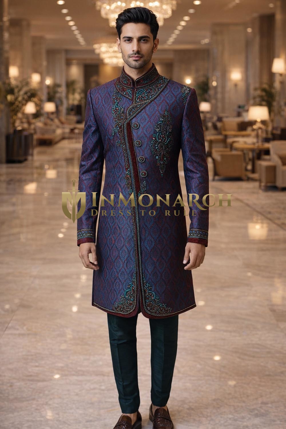 Mens Teal Maroon Brocade Indo Western 2 Pc Embroidered Wedding Outfit