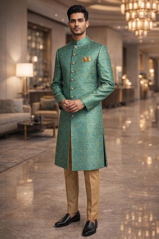 Traje indo occidental verde con pasley dorado