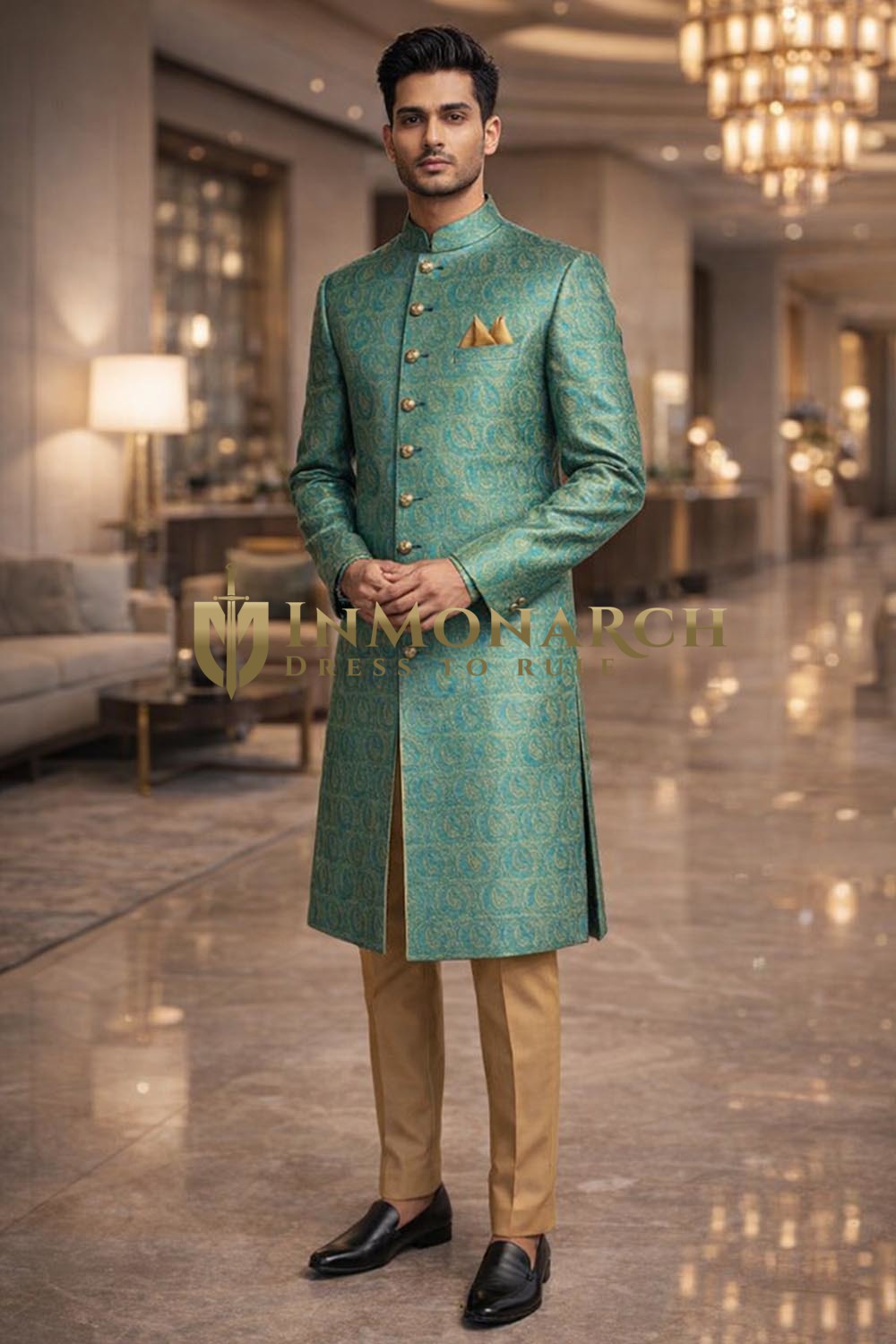 Traje indo occidental verde con pasley dorado