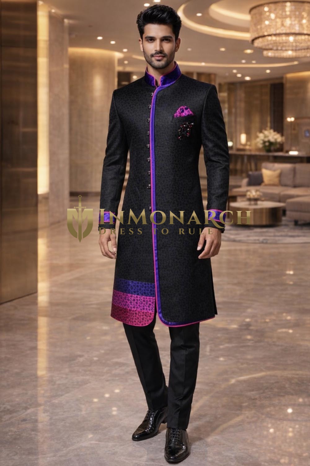 Mens Black Brocade Sherwani 4 Pc Indo Western Wedding Designer Outfit