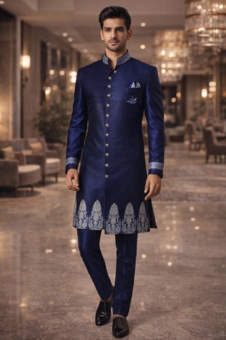 Clásico traje boda indo occidental azul