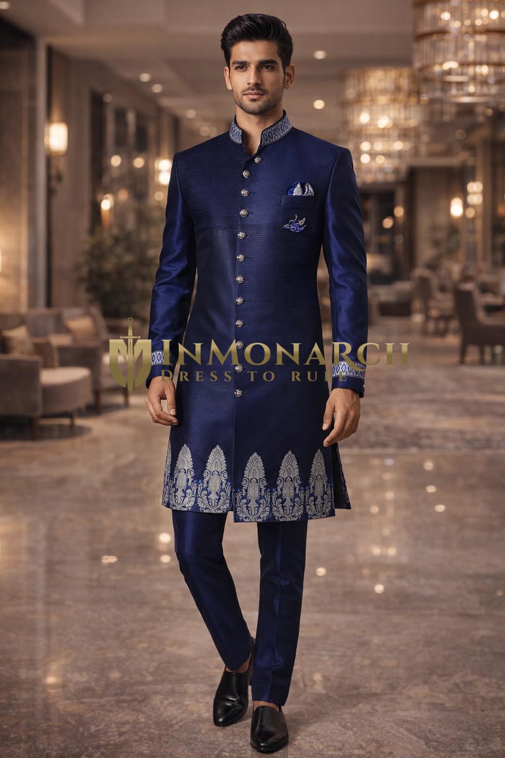 Mens Navy Blue Indo Western 4 Pc Classic Wedding Designer Outfit Suit