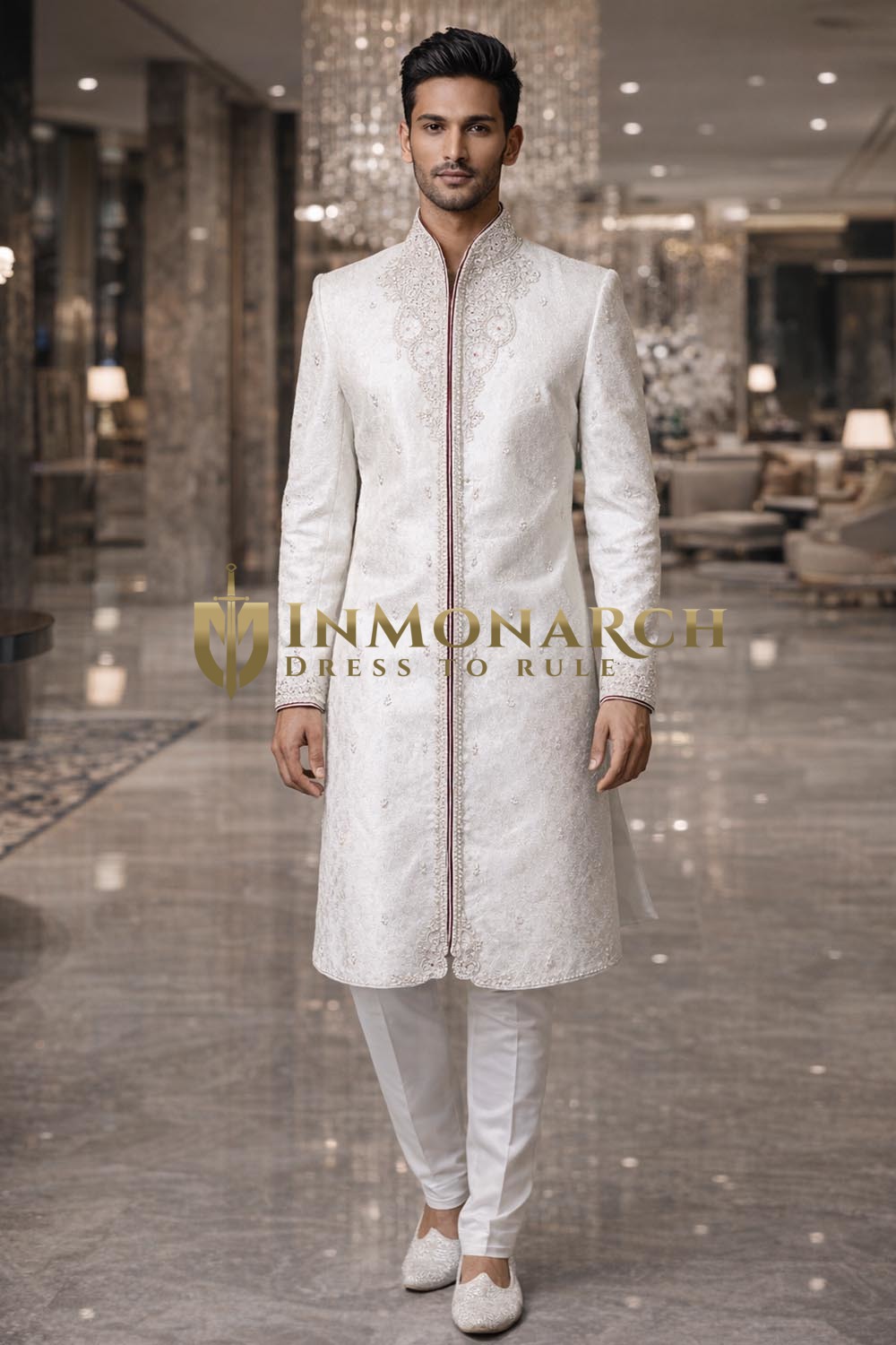 Mens White Brocade Indo Western 2 Pc High Neck Embroidered Wedding Suit