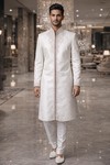 Mens White Brocade Indo Western 2 Pc High Neck Embroidered Wedding Suit