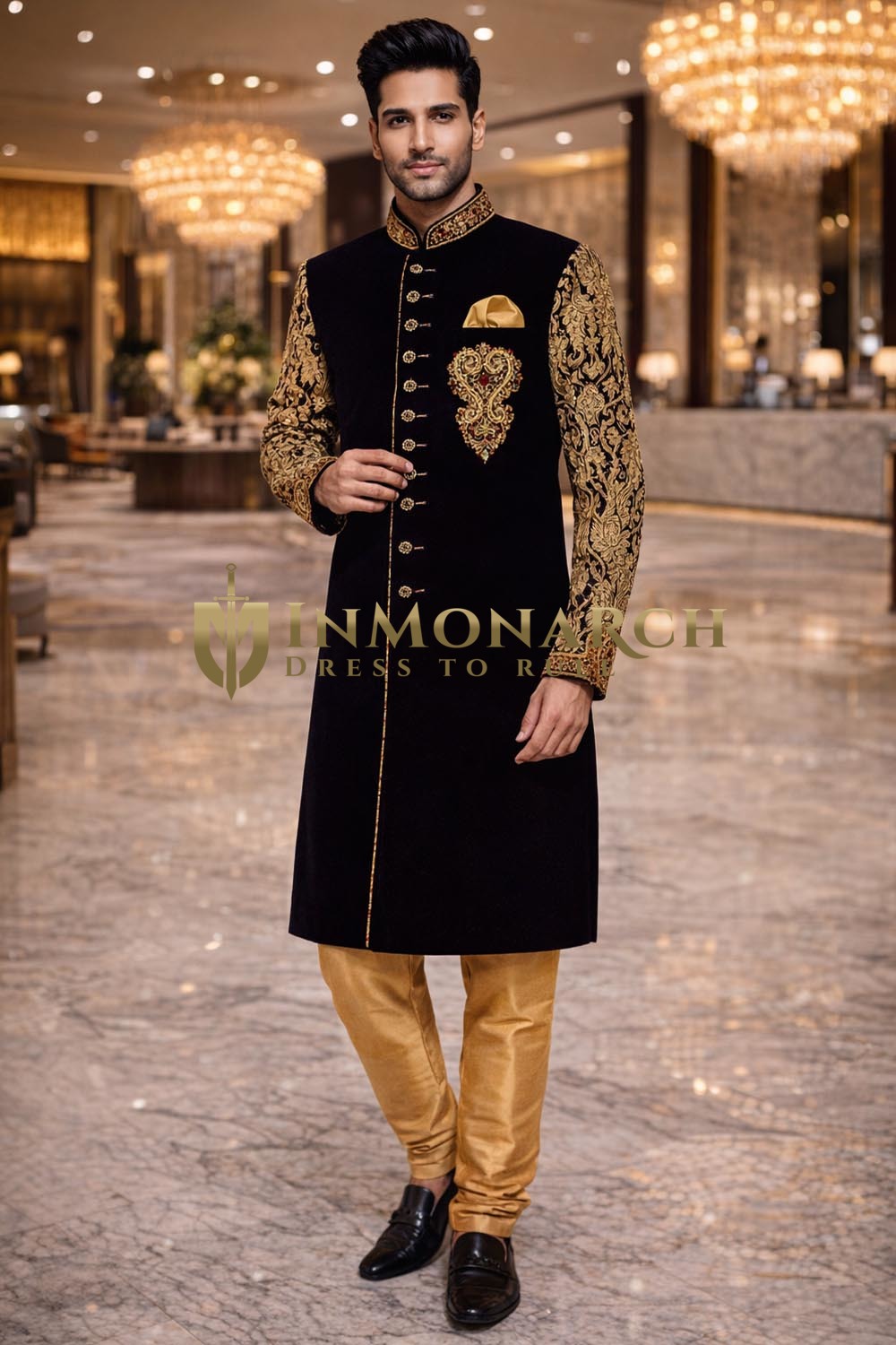 Mens Blue Jute Indo Western 3 Pc Brocade Sleeves Wedding Salwar Suit
