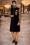 Mens Blue Jute Indo Western 3 Pc Brocade Sleeves Wedding Salwar Suit