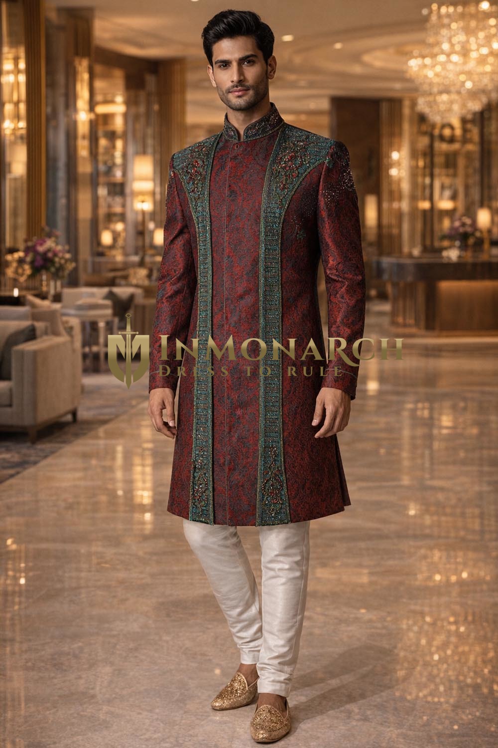 Sherwani rojo bordado diseño exclusivo