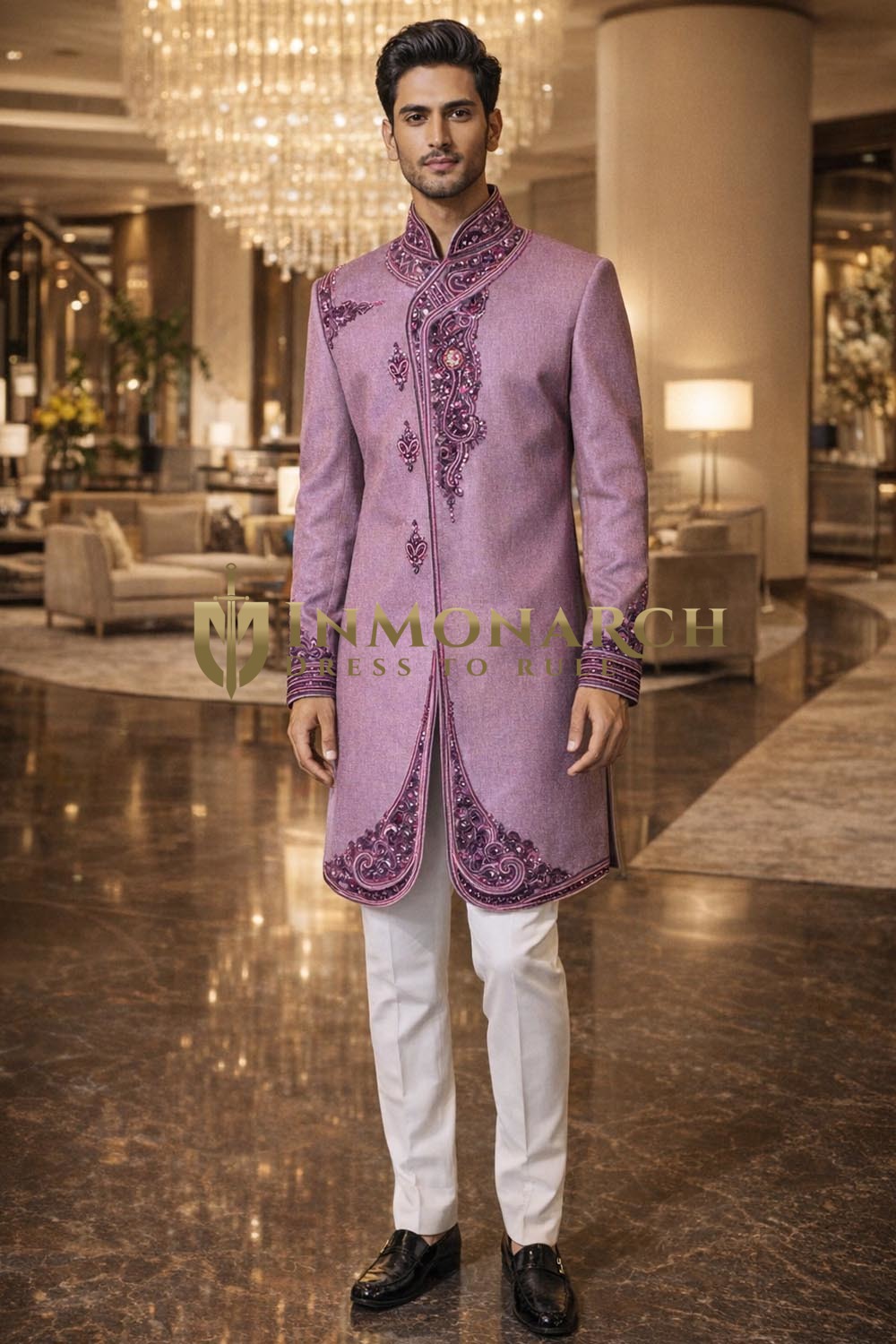 Sherwani indo occidental bordado étnico ciruela