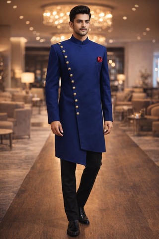 Sherwani indo occidental azul botones cruzados hombre
