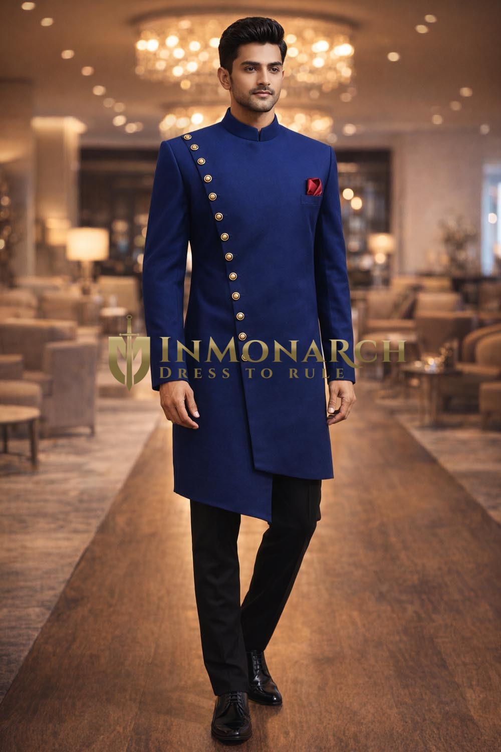 Mens Royal Blue Indo Western Outfit 3 Pc Groom Wedding Designer Attire
