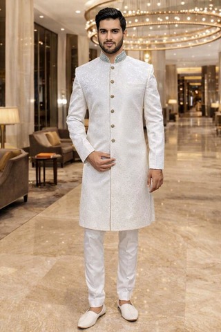 Traje indo occidental crema paisley hombre