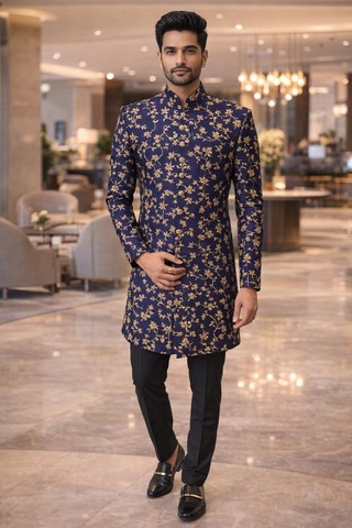 Sherwani tradicional azul marino para boda india