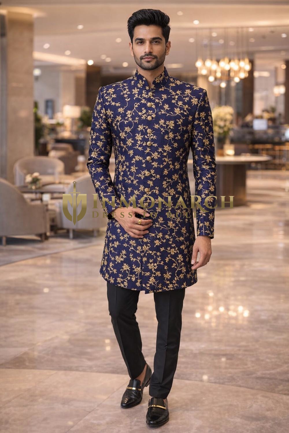 Mens Navy Blue Sherwani for Groom Wedding 2 Pc Traditional Attire