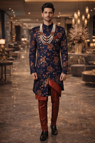 Traje indo occidental angrakha azul floral