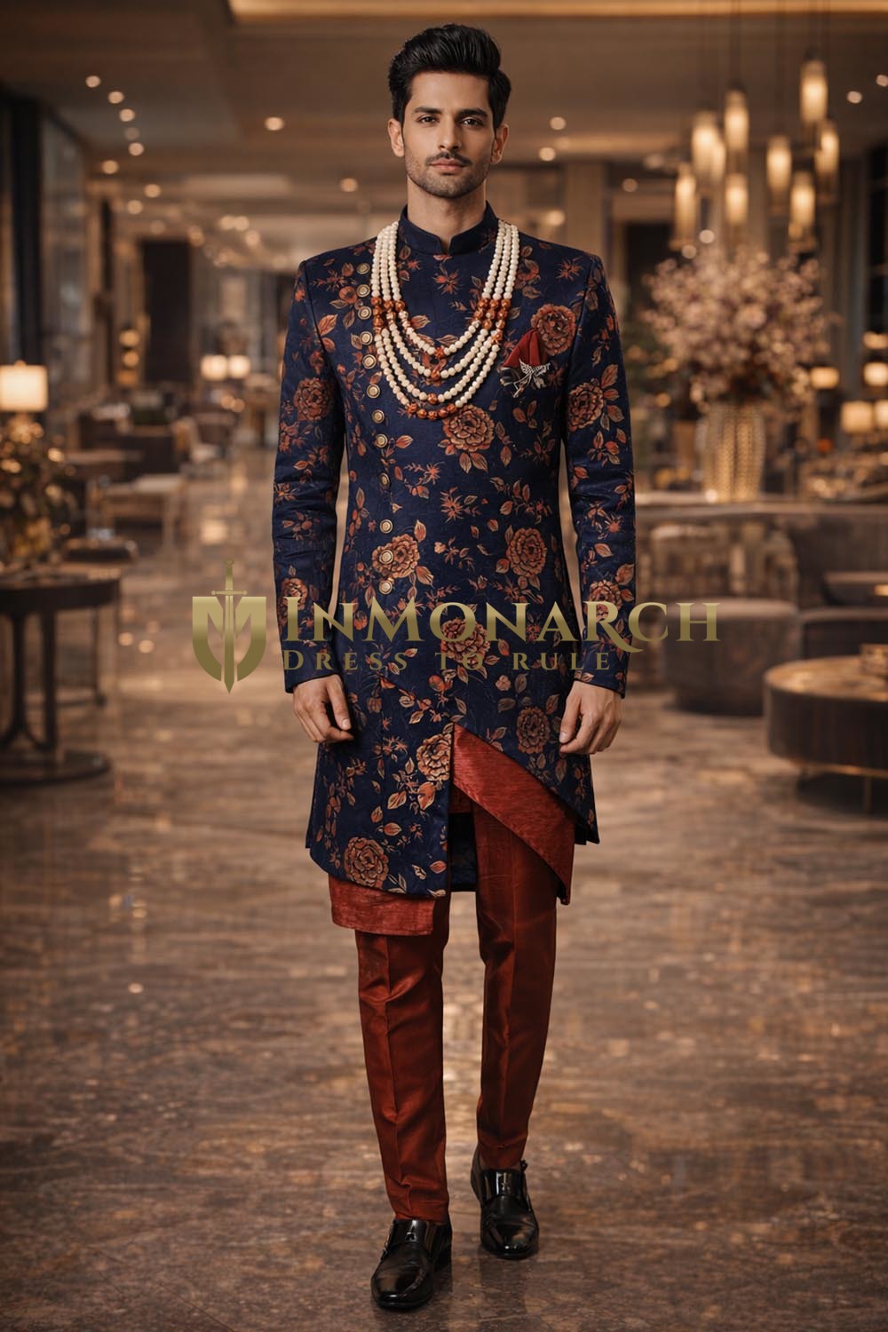Mens Royal Blue Indo Western 4 Pc Angrakha Groom Wedding Ensemble Wear