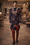Mens Royal Blue Indo Western 4 Pc Angrakha Groom Wedding Ensemble Wear