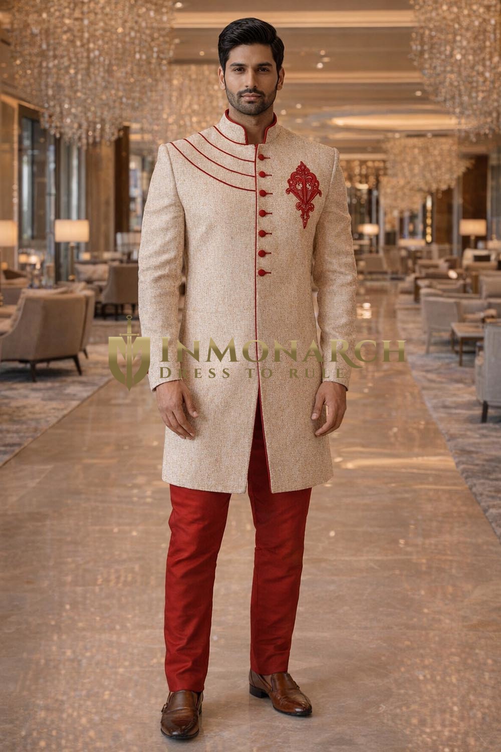 Mens Ivory Sherwani for Groom Wedding 2 Pc Designer Red Accent Attire