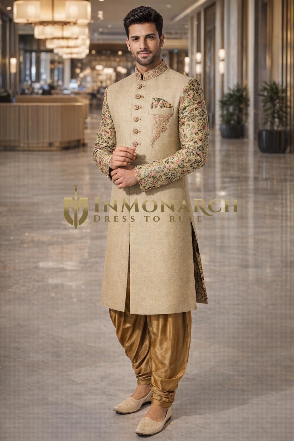 Mens Khakhi Indo Western 3 Pc Floral Sleeve Wedding Designer Attire